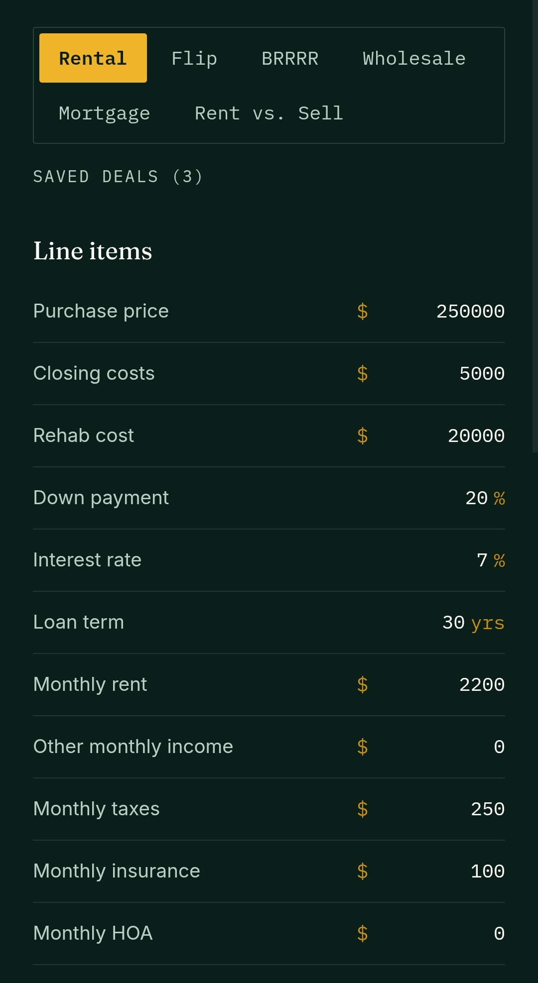 The Ledger BRRRR mode showing rehab cost, ARV, and refinance terms