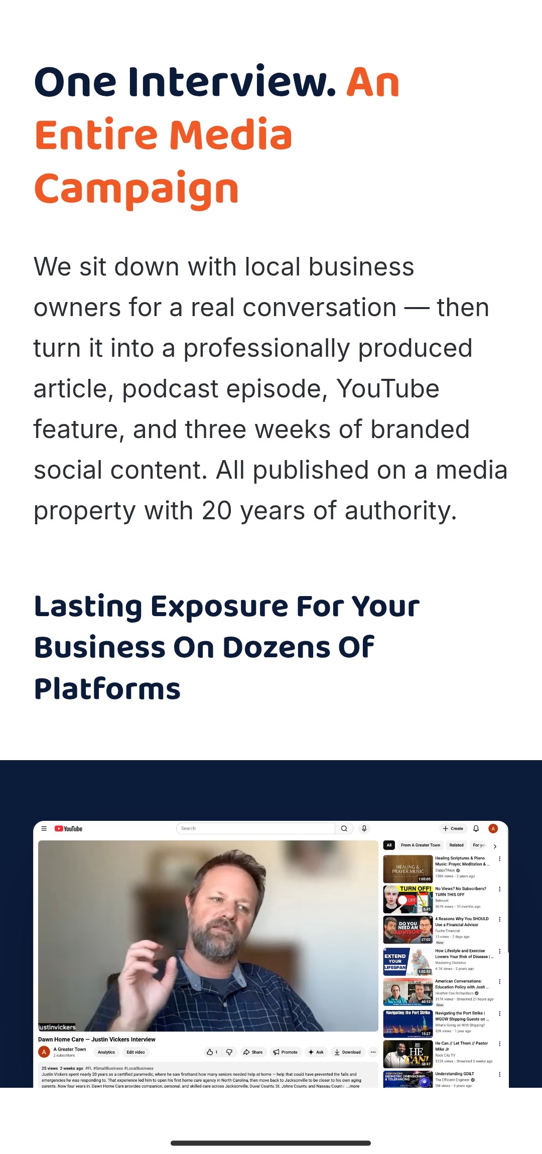 Small Business Talks hero section describing one interview into an entire media campaign