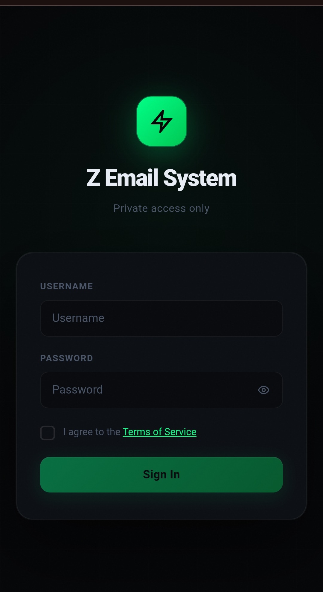 ZES private login screen