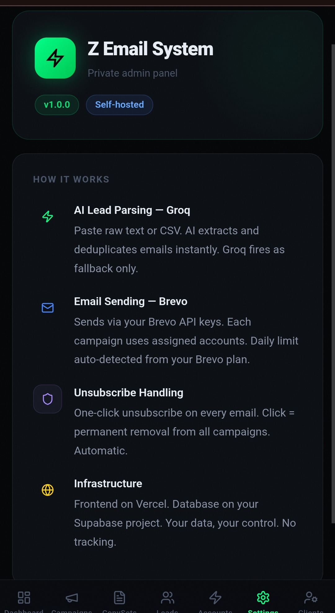 ZES settings screen explaining AI lead parsing, Brevo sending, and infrastructure