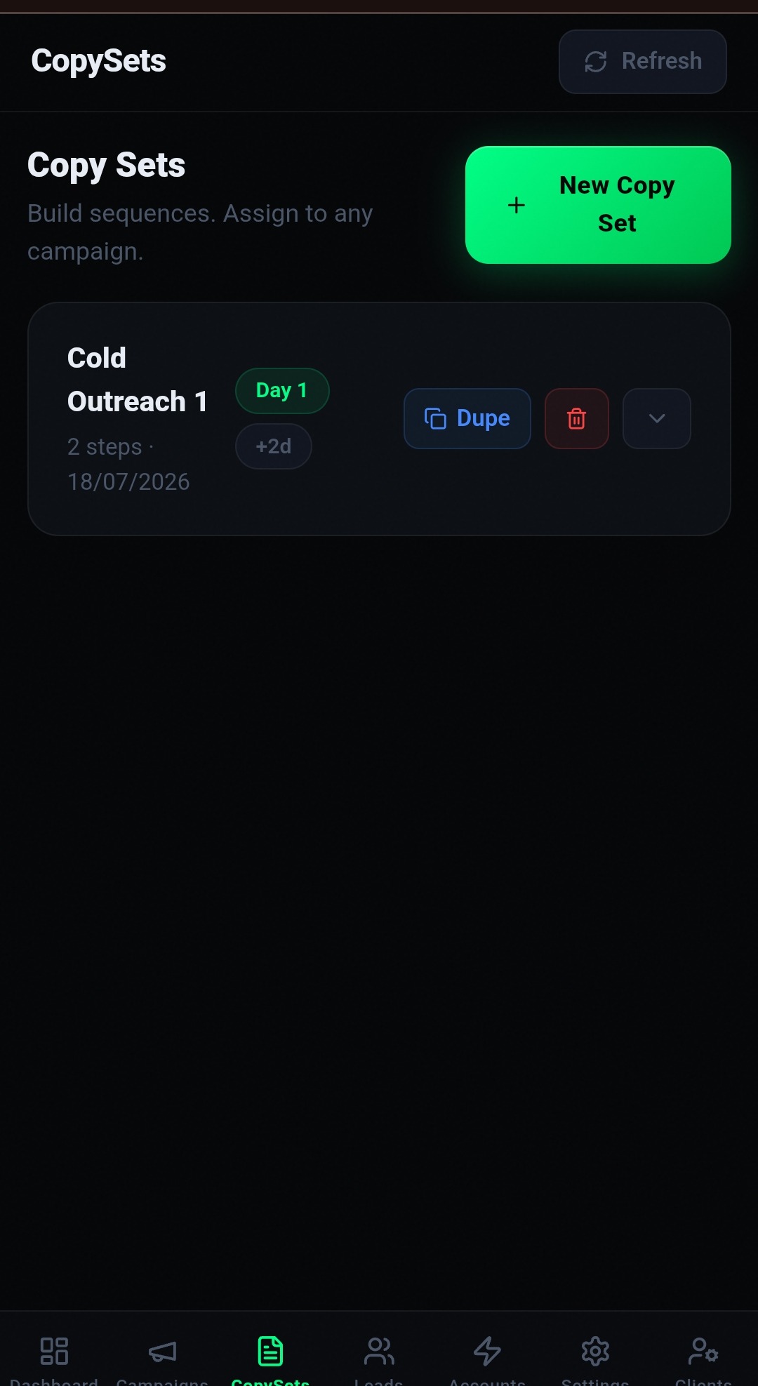 ZES Copy Sets screen showing a Cold Outreach sequence