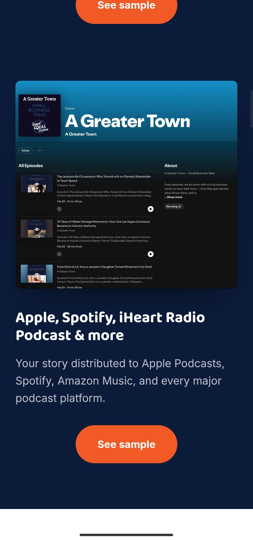 Small Business Talks podcast distribution shown on Apple, Spotify, iHeart