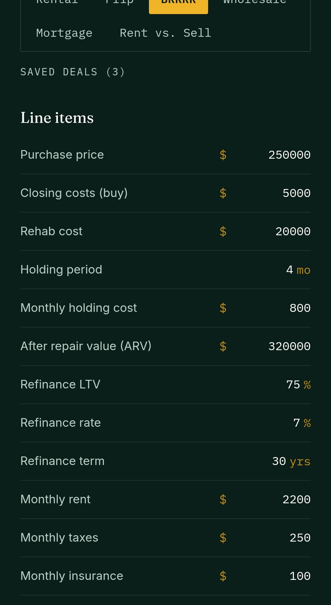 The Ledger rental calculator showing line items like purchase price, closing costs, and monthly rent