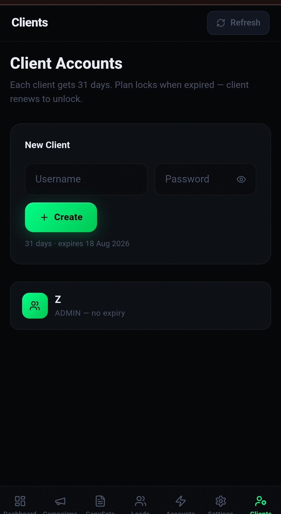 ZES client accounts screen showing a new client form and admin account