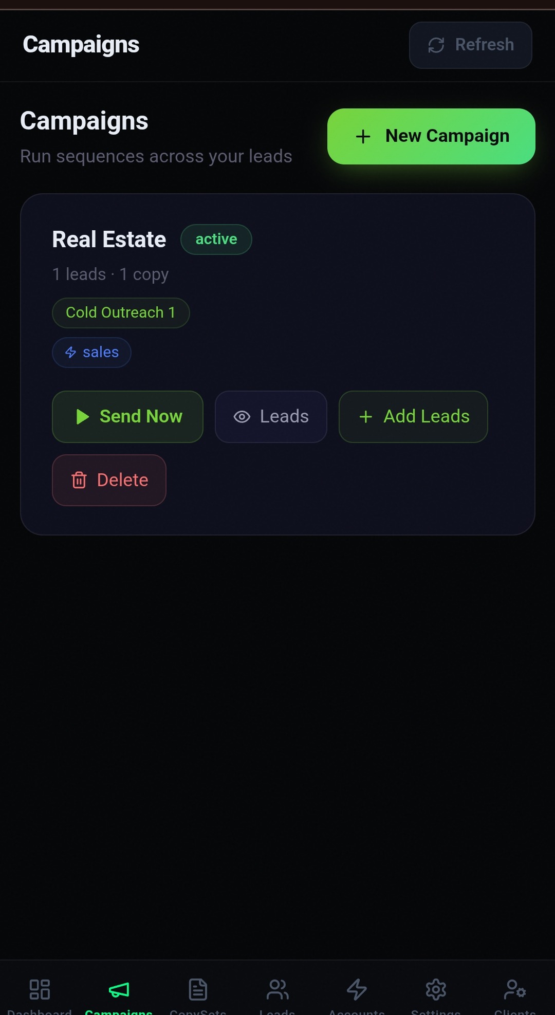 ZES campaigns screen showing an active Real Estate campaign