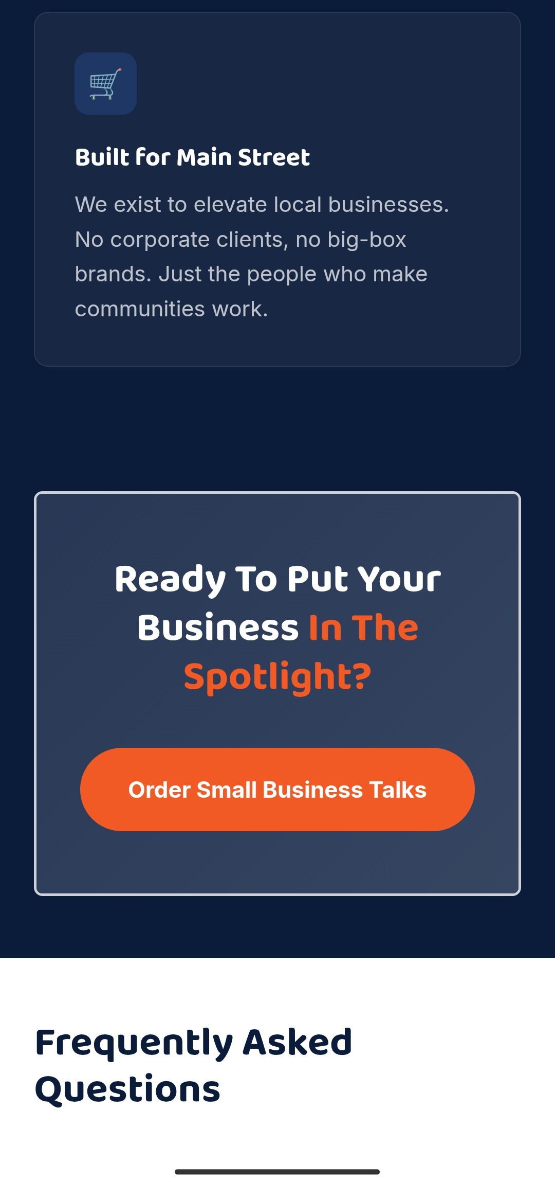 Small Business Talks FAQ section answering pricing, usage rights, and camera comfort