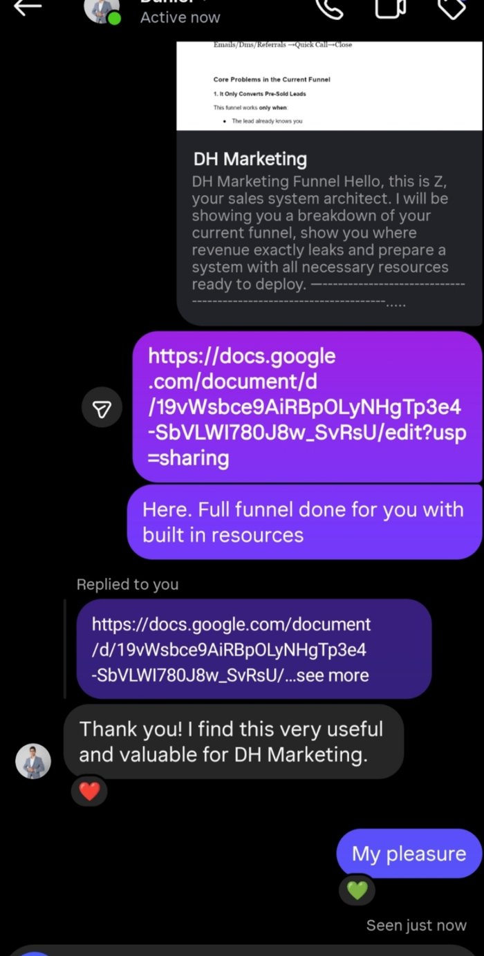 Client thanking Gills for a full funnel breakdown with built-in resources, and Gills replying My pleasure